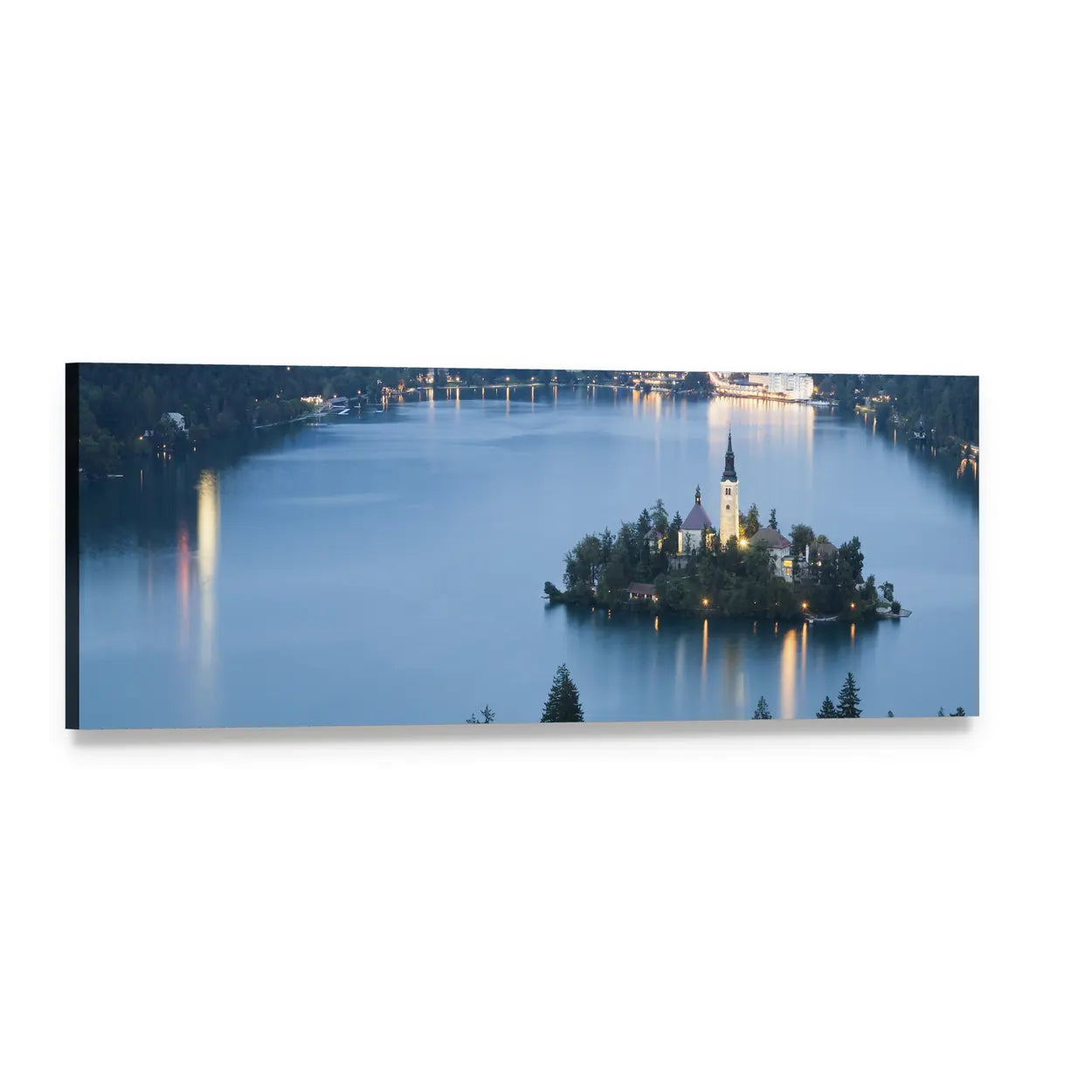 Lake Bled Island Church at Dusk Panoramic Canvas Wall Art, single panel gallery wrapped canvas, angled product view