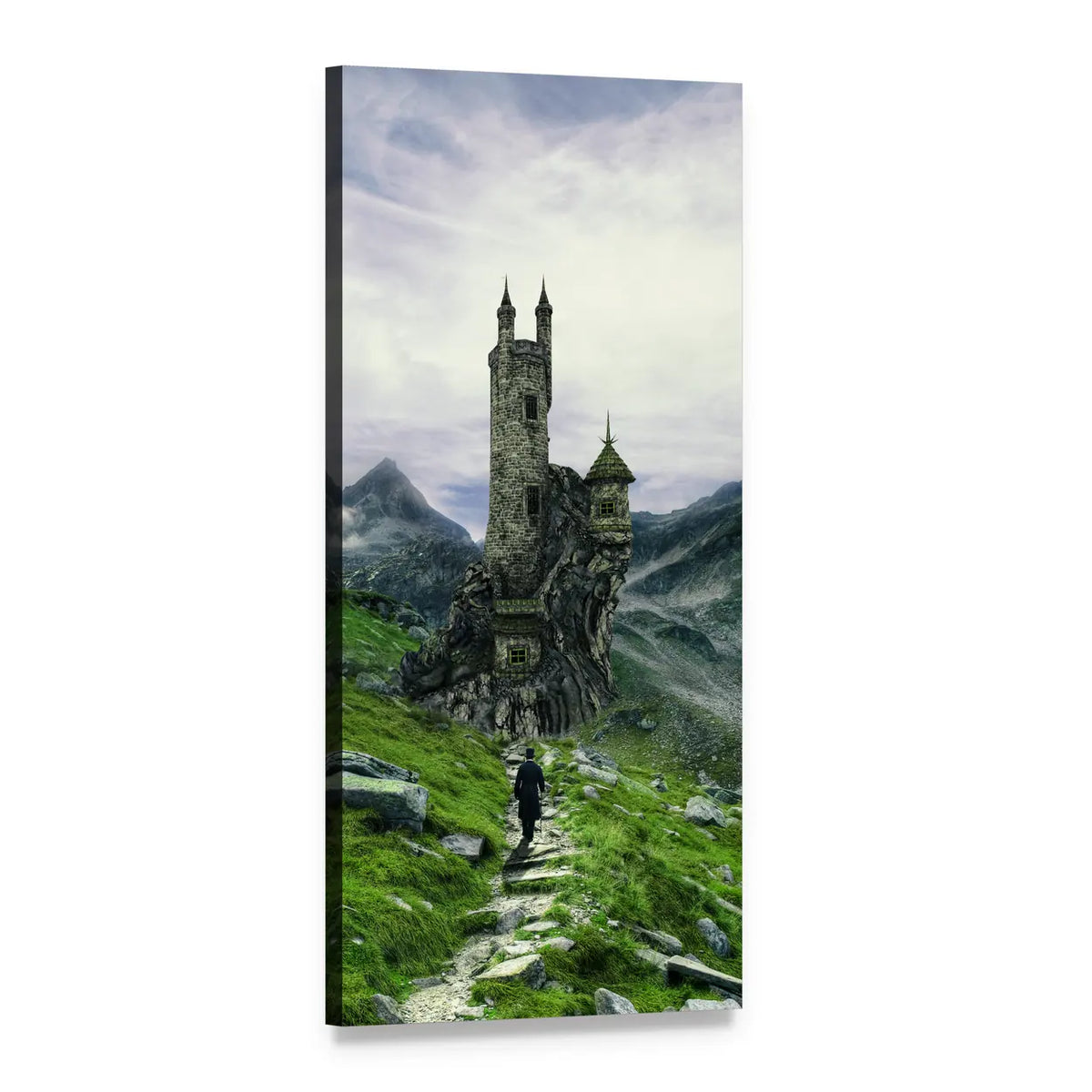 Castle Tower on a Mountain Cliff Vertical Canvas Wall Art, 1 panel 1 Vertical layout gallery wrapped canvas set, angled product view