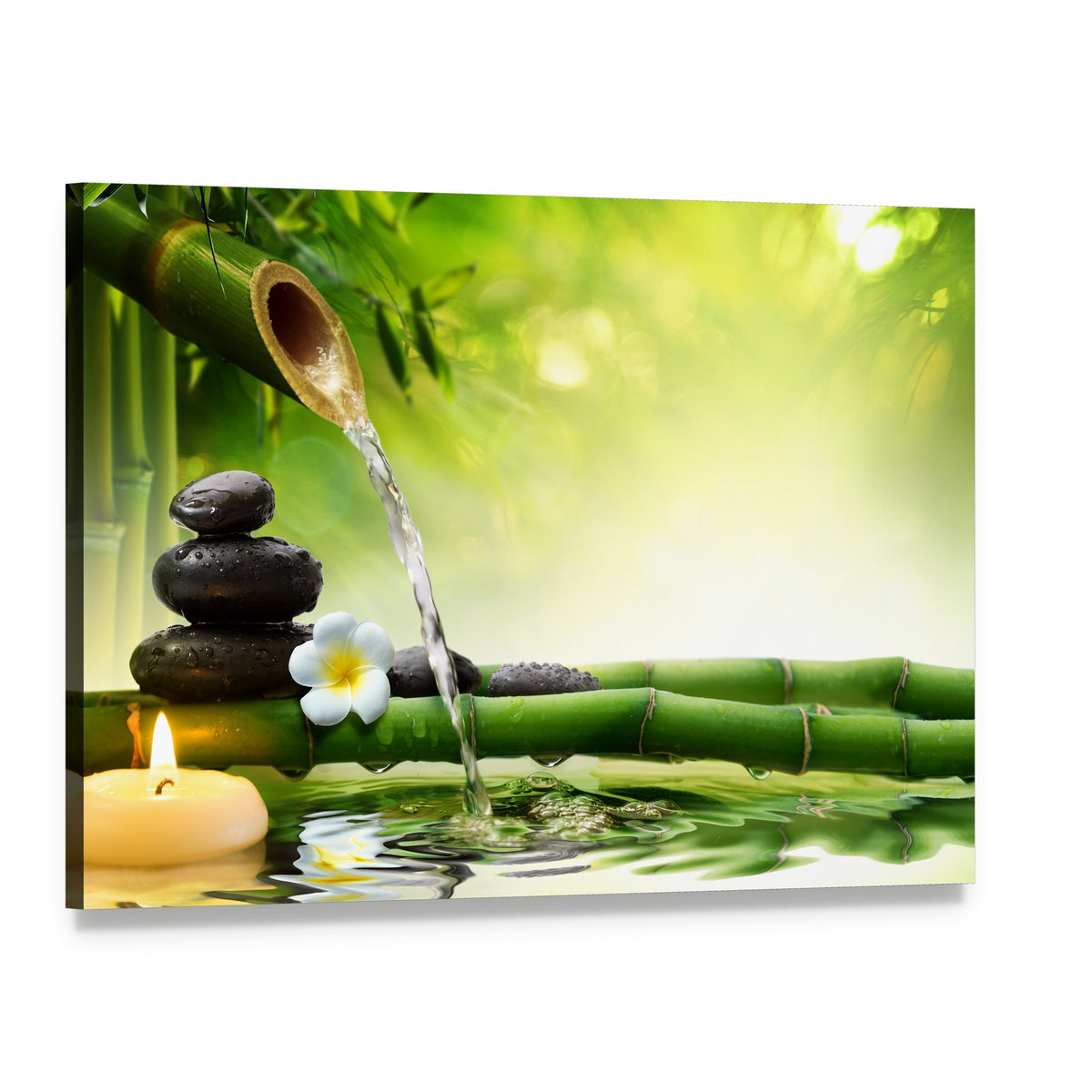 Bamboo Water Flow Over Stacked Spa Stones Canvas Wall Art, single panel gallery wrapped canvas, angled product view