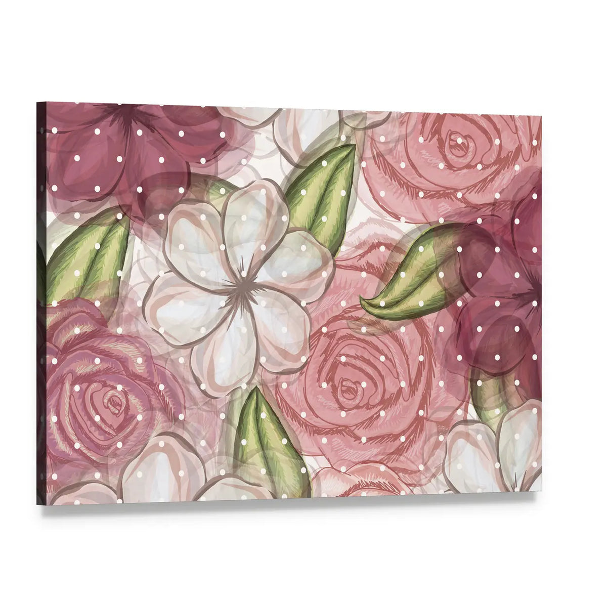 Pink Roses and White Blossoms Pattern Canvas Wall Art, single panel gallery wrapped canvas, angled product view