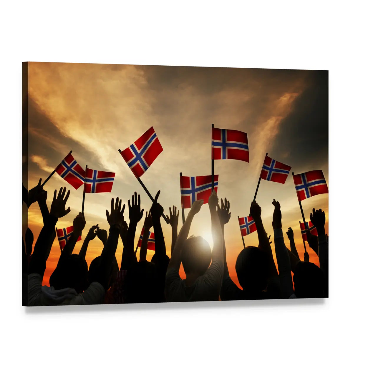 Celebrating Crowd with Norwegian Flags Canvas Wall Art, single panel gallery wrapped canvas, angled product view