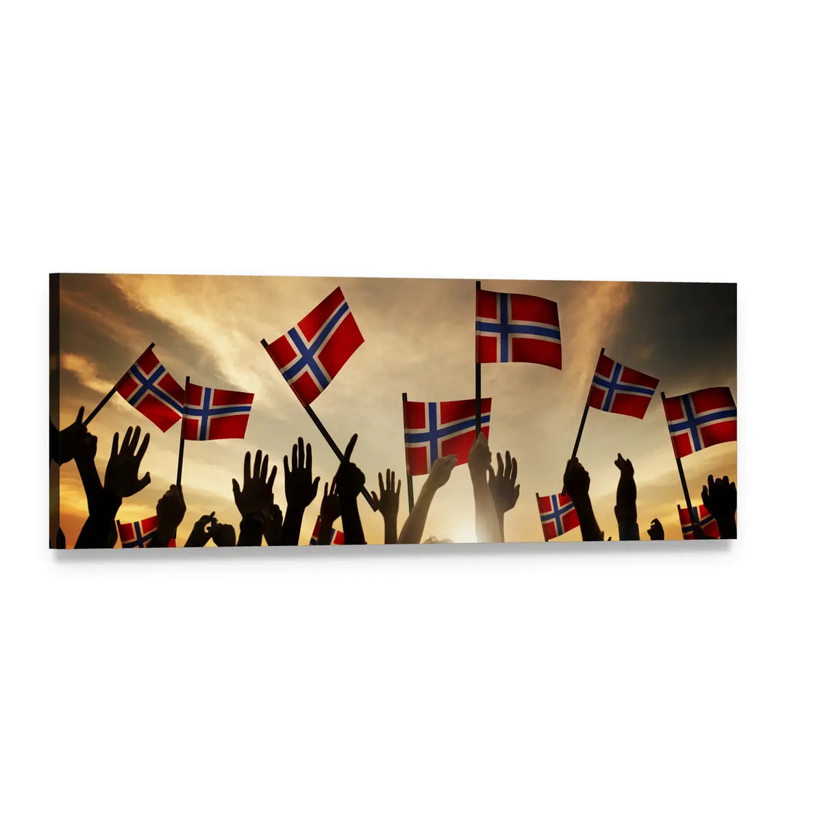 Crowd Waving Norwegian Flags at Sunset Panoramic Canvas Wall Art, single panel gallery wrapped canvas, angled product view