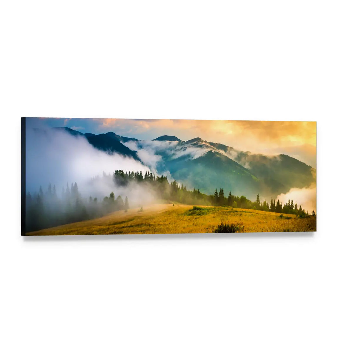 Misty Mountain Landscape at Golden Hour Panoramic Canvas Wall Art, single panel gallery wrapped canvas, angled product view