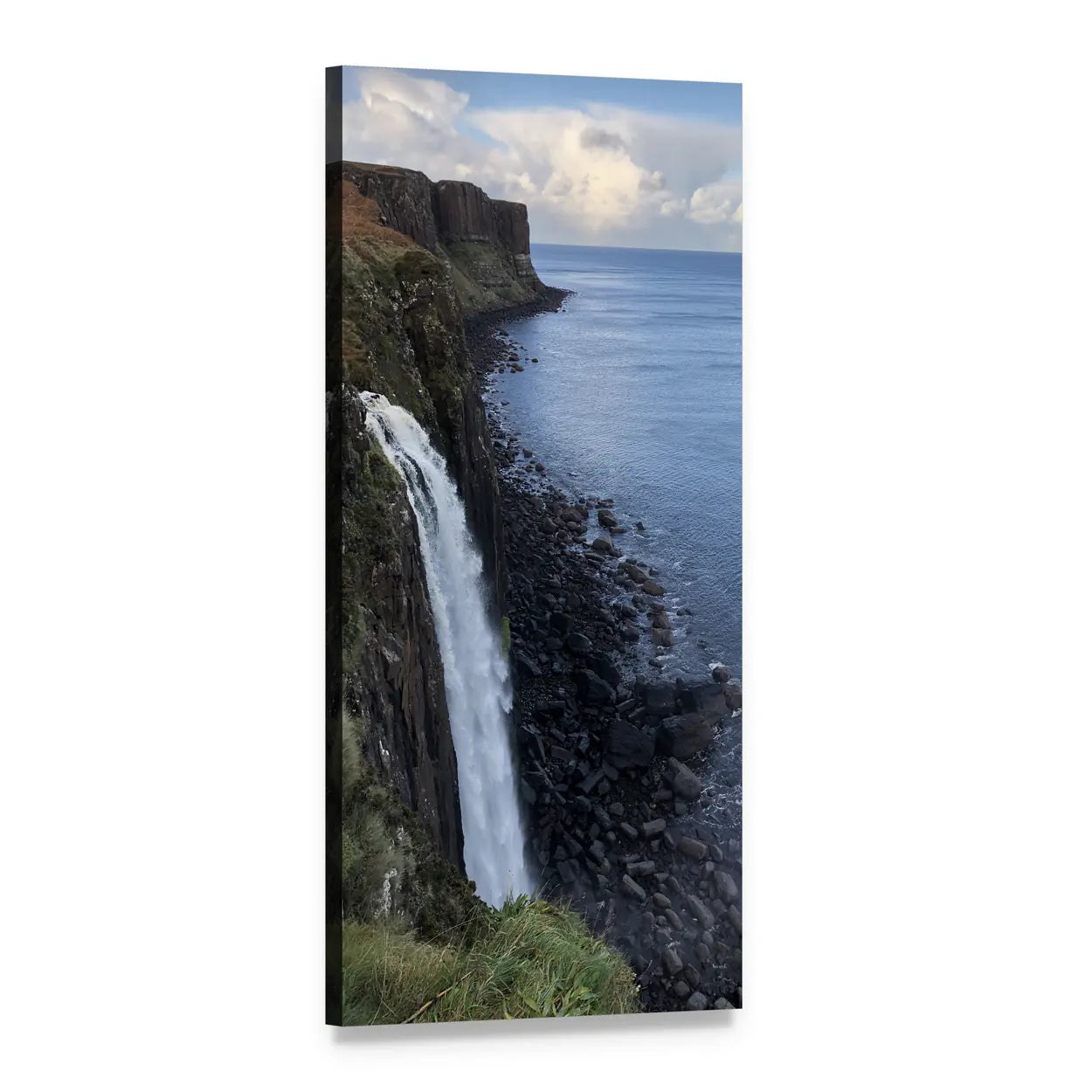 Kilt Rock Waterfall, Scotland Vertical Canvas Wall Art, 1 panel 1 Vertical layout gallery wrapped canvas set, angled product view
