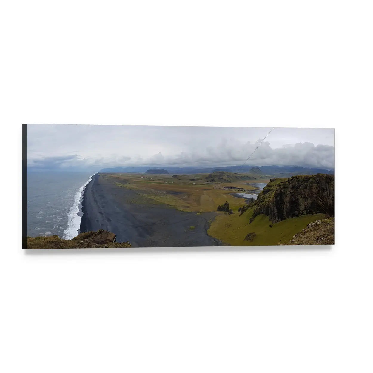 Black Sand Beach in Iceland Panoramic Canvas Wall Art, single panel gallery wrapped canvas, angled product view