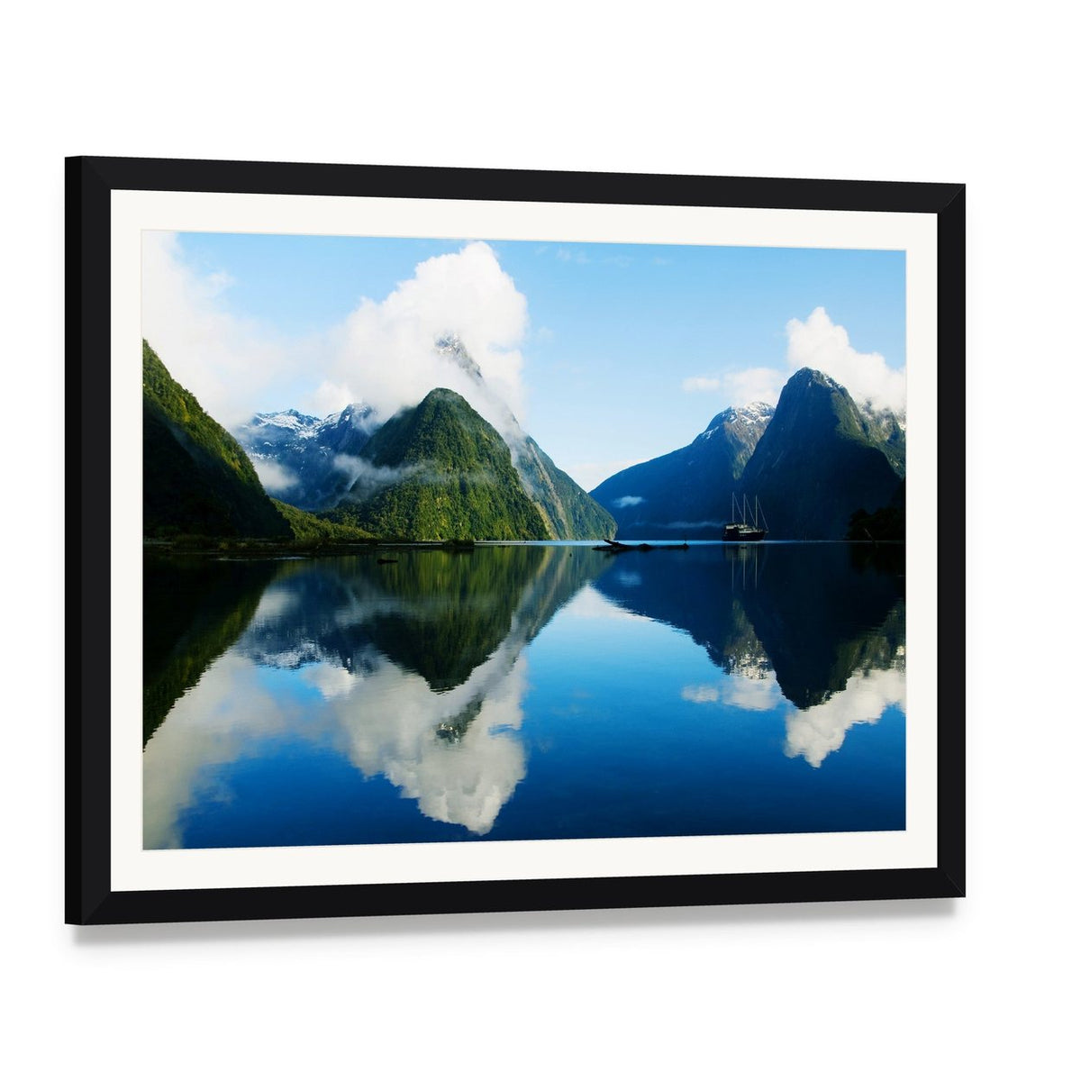 Milford Sound, New Zealand Reflection Canvas Wall Art, framed print with white mat and black frame, angled product view