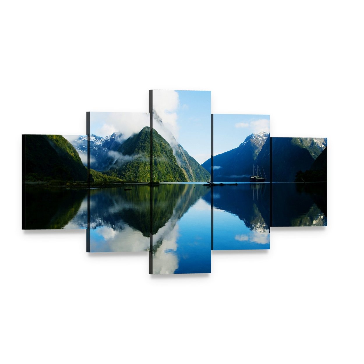Milford Sound, New Zealand Reflection Canvas Wall Art, 5 panel 5 Star layout gallery wrapped canvas set, angled product view