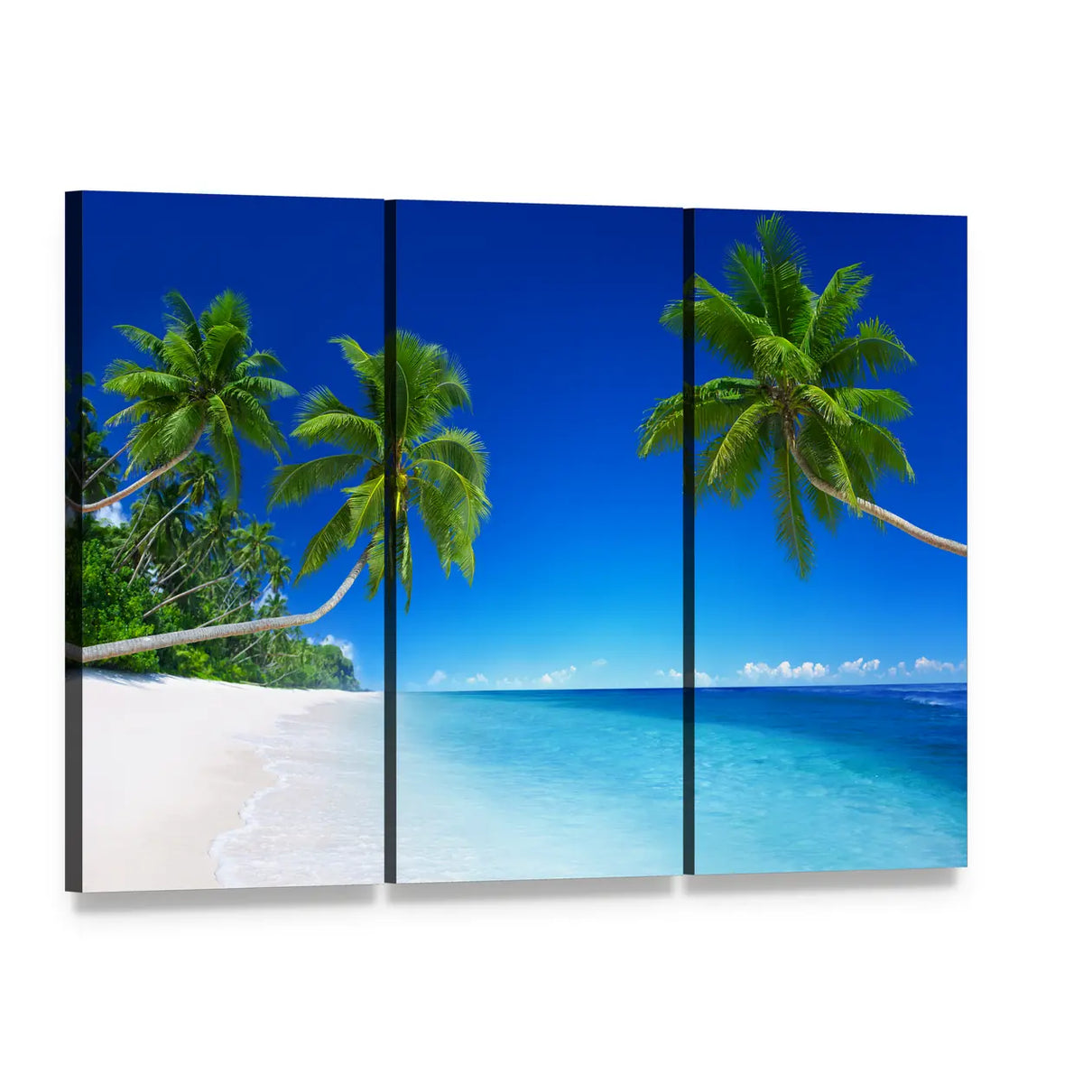 Tropical Beach Paradise Canvas Wall Art, 3 panel 3 Horizontal layout gallery wrapped canvas set, angled product view