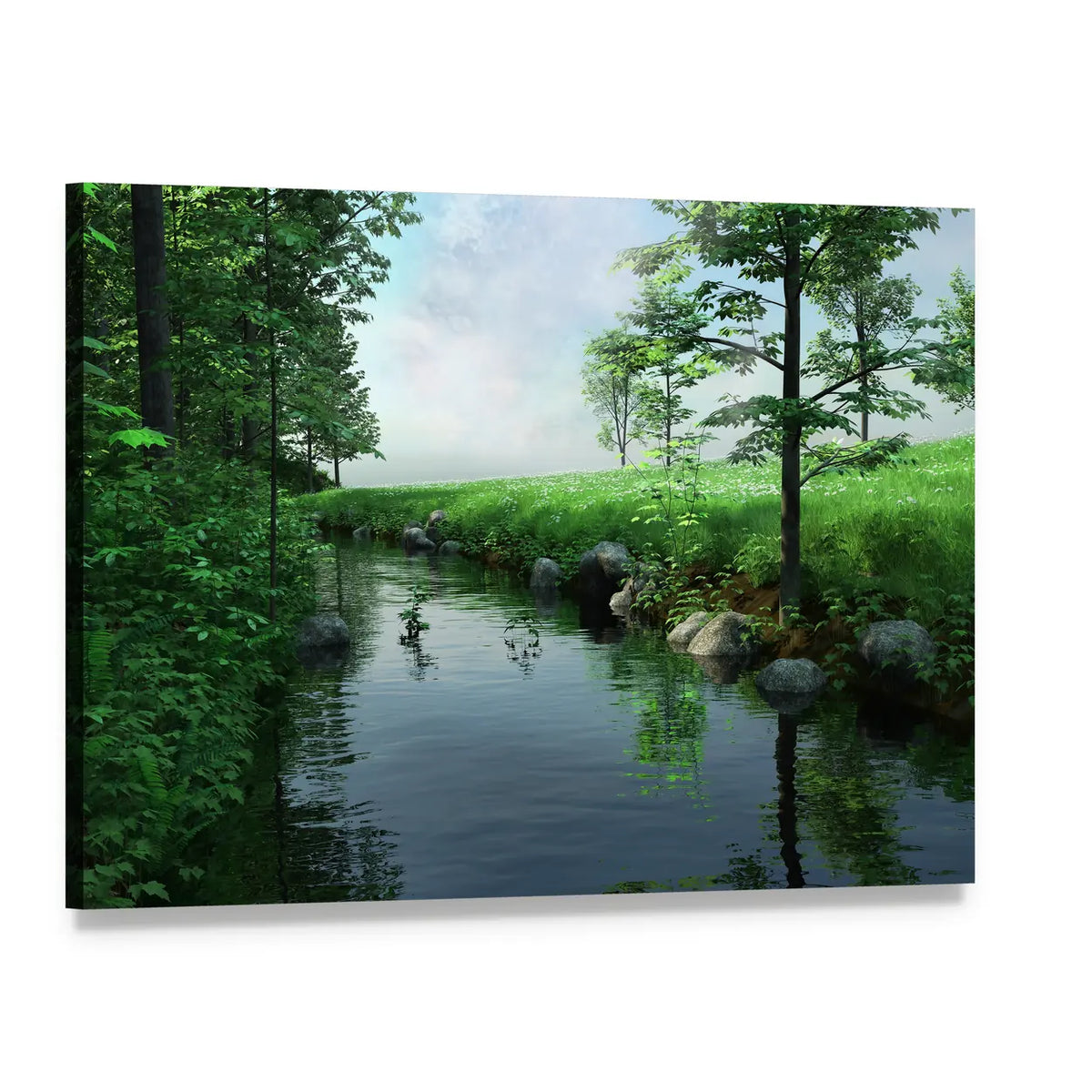 Green Meadow by a Winding Stream Canvas Wall Art, single panel gallery wrapped canvas, angled product view