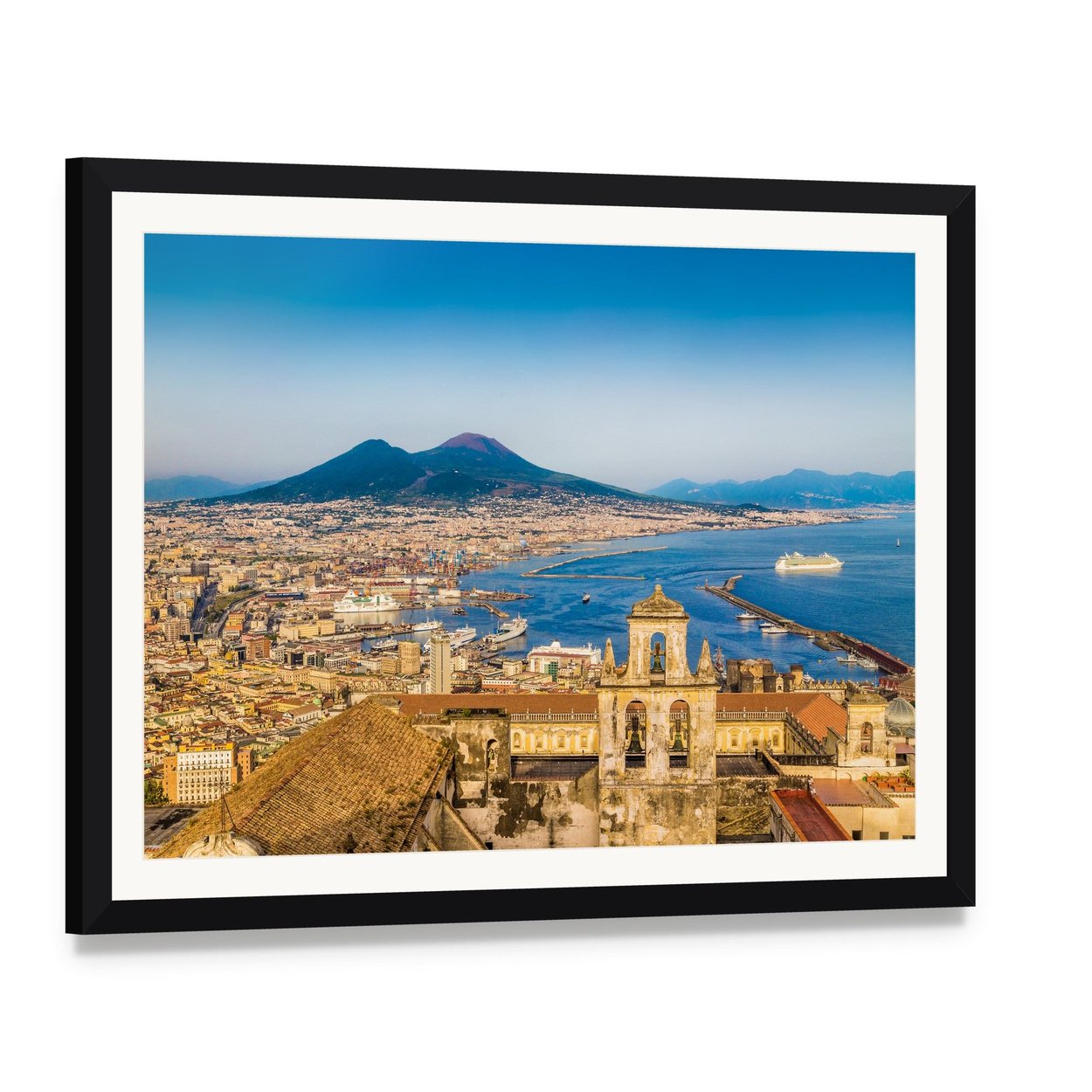 Naples Harbor with Mount Vesuvius Canvas Wall Art, framed print with white mat and black frame, angled product view