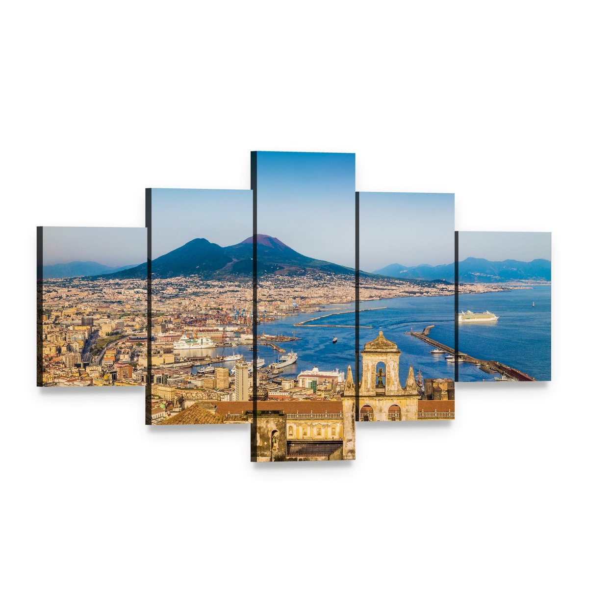 Naples Harbor with Mount Vesuvius Canvas Wall Art, 5 panel 5 Star layout gallery wrapped canvas set, angled product view
