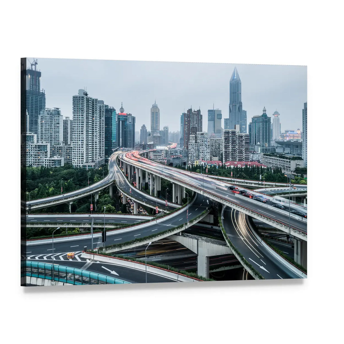 Shanghai Viaduct Night Traffic Canvas Wall Art, single panel gallery wrapped canvas, angled product view