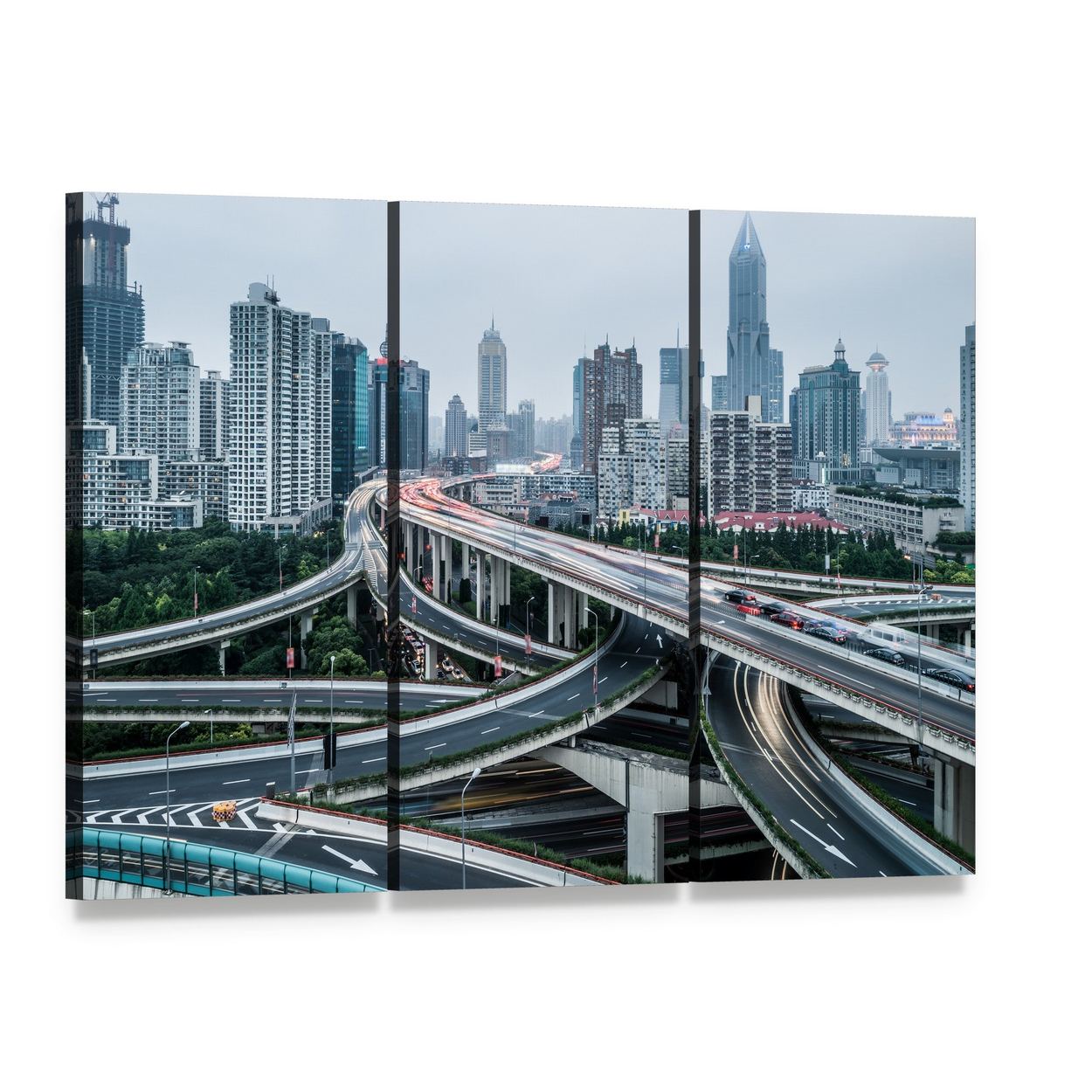 Shanghai Viaduct at Night with Traffic Canvas Wall Art, 3 panel 3 Horizontal layout gallery wrapped canvas set, angled product view
