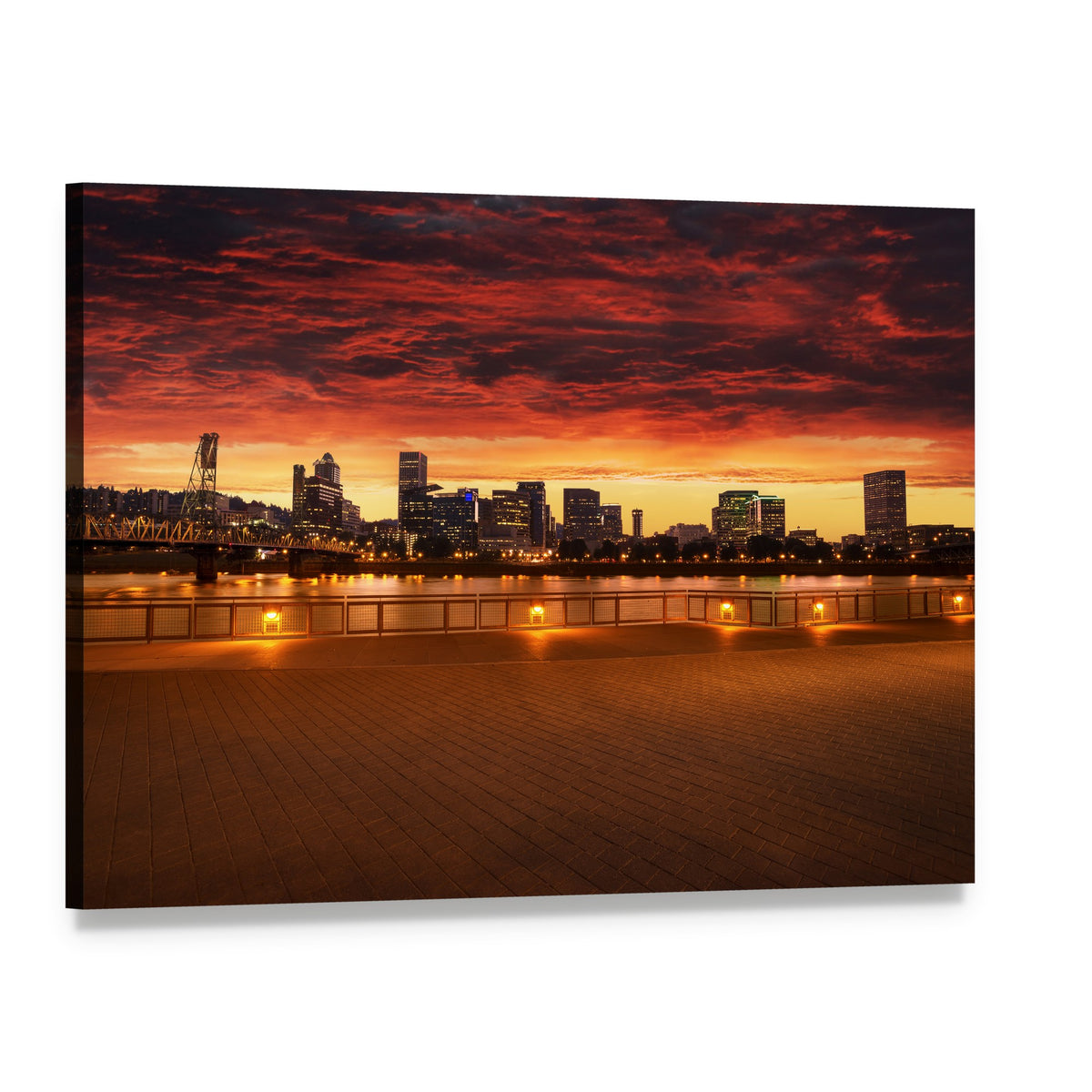 Oregon City Skyline at Sunset Canvas Wall Art, single panel gallery wrapped canvas, angled product view
