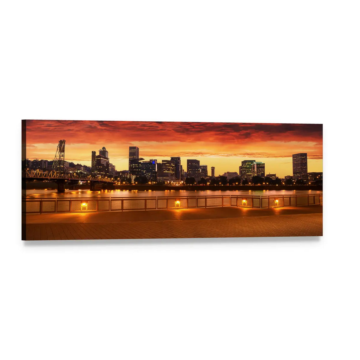 Oregon City Skyline at Sunset Panoramic Canvas Wall Art, single panel gallery wrapped canvas, angled product view