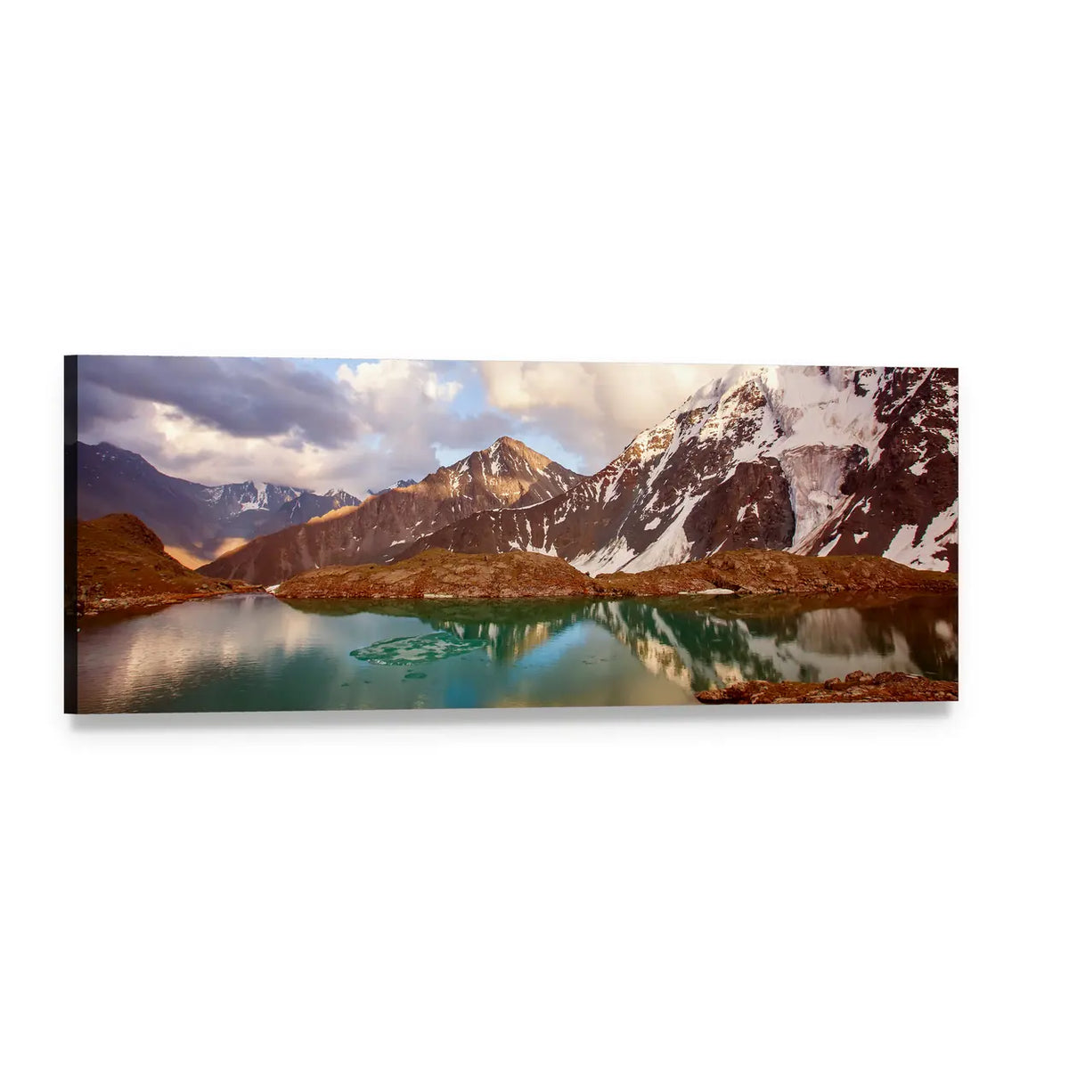 Winter Mountain Lake in Switzerland Panoramic Canvas Wall Art, single panel gallery wrapped canvas, angled product view