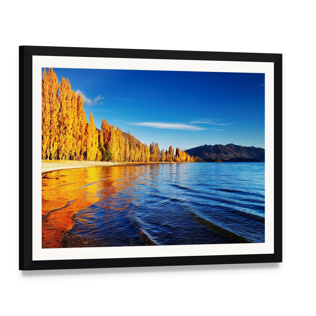 Lake Wanaka Golden Autumn Reflection Canvas Wall Art, framed print with white mat and black frame, angled product view