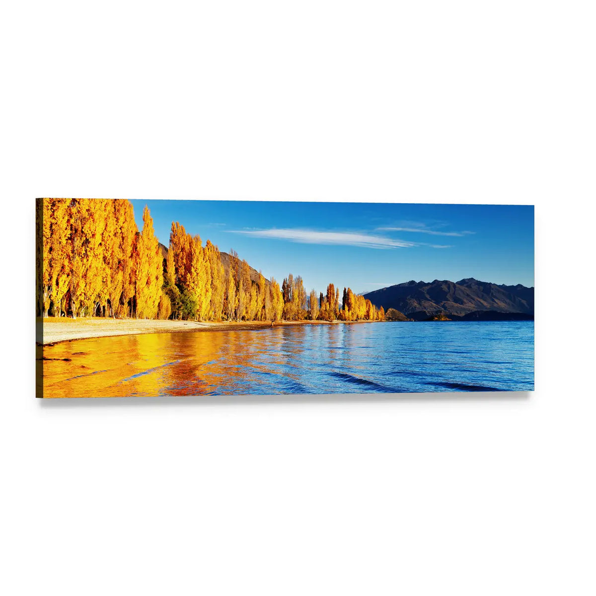 Lake Wanaka Autumn Reflection Panoramic Canvas Wall Art, single panel gallery wrapped canvas, angled product view