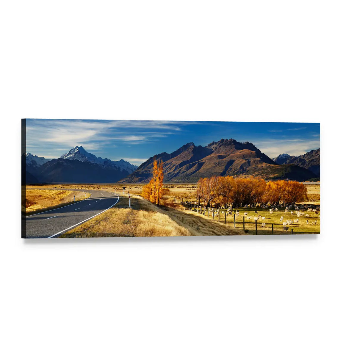 Autumn Farmland with Sheep and Snow-capped Peak Panoramic Canvas Wall Art, single panel gallery wrapped canvas, angled product view