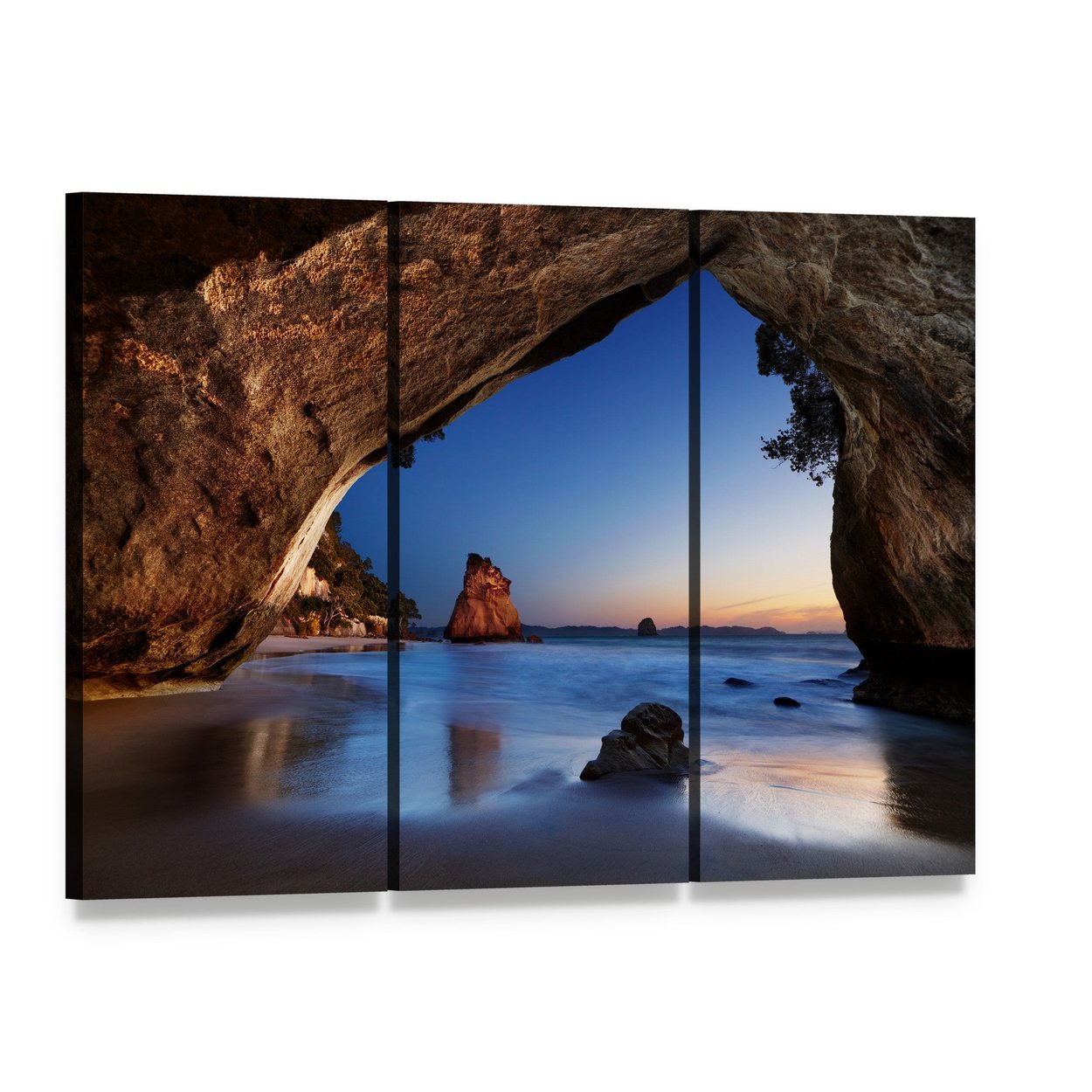 Serene Cave at Sunrise View Canvas Wall Art, 3 panel 3 Horizontal layout gallery wrapped canvas set, angled product view
