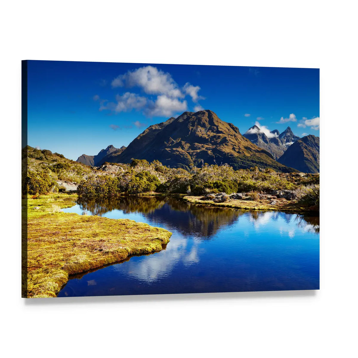 Alpine Lake with Snow-capped Peaks Canvas Wall Art, single panel gallery wrapped canvas, angled product view