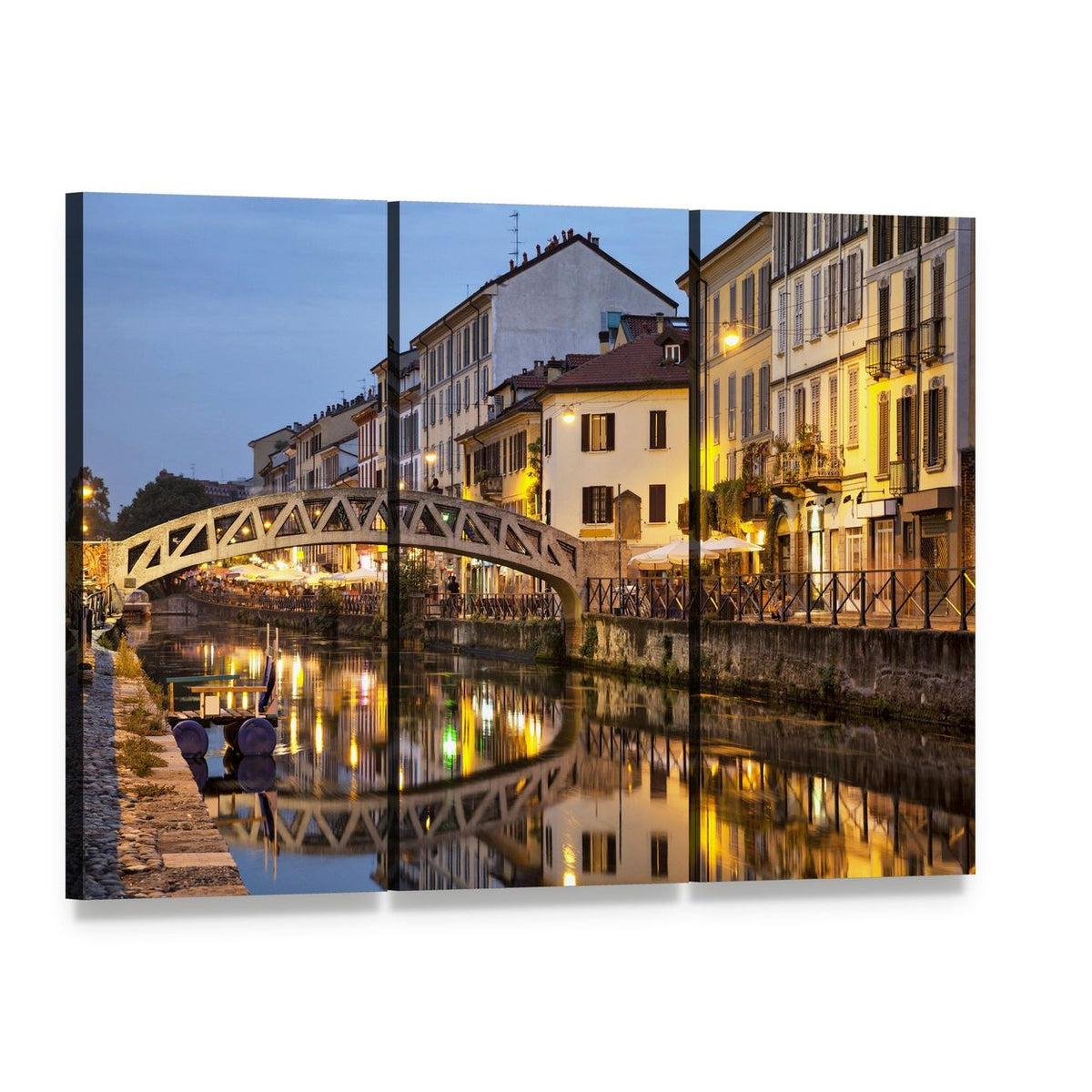 Naviglio Canal Bridge at Evening Canvas Wall Art, 3 panel 3 Horizontal layout gallery wrapped canvas set, angled product view