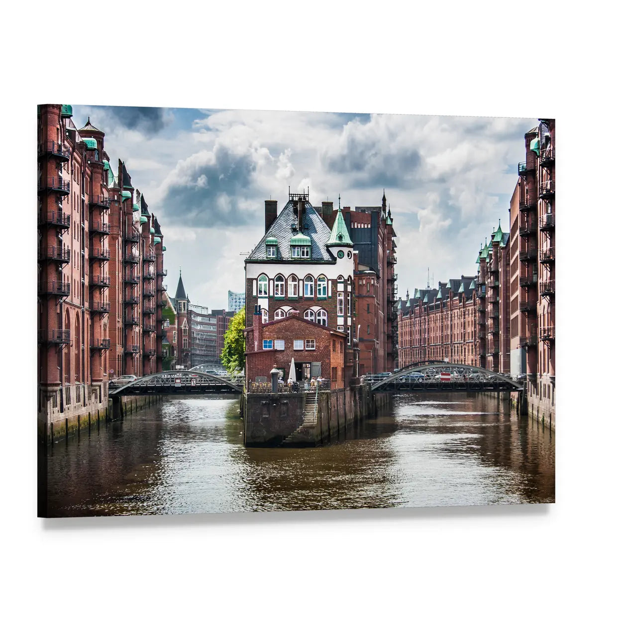 Historic Canal with Red Brick Buildings Canvas Wall Art, single panel gallery wrapped canvas, angled product view