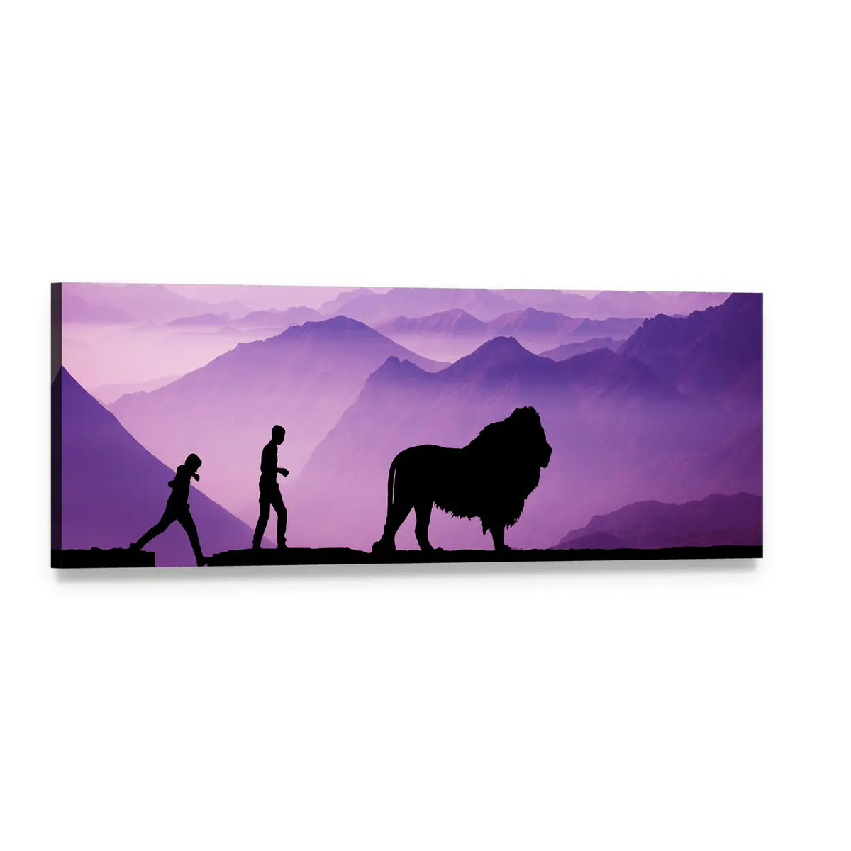 Lion and Two Male Silhouettes Panoramic Canvas Wall Art, single panel gallery wrapped canvas, angled product view