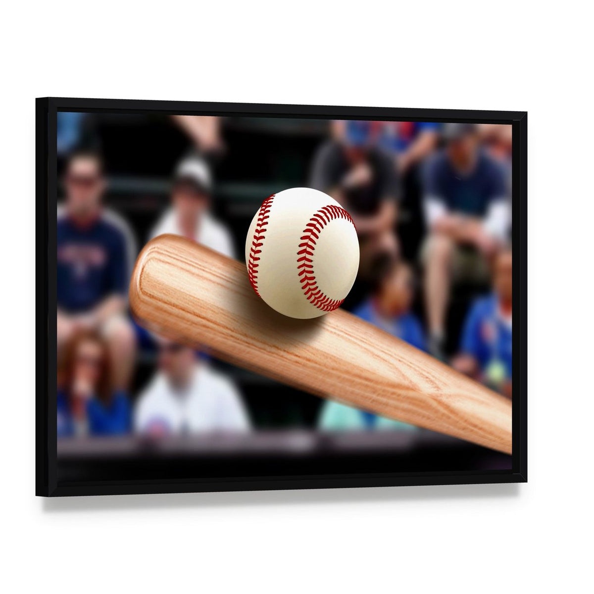 Baseball Bat Hitting Ball Canvas Wall Art, framed canvas in a black floater frame, angled product view