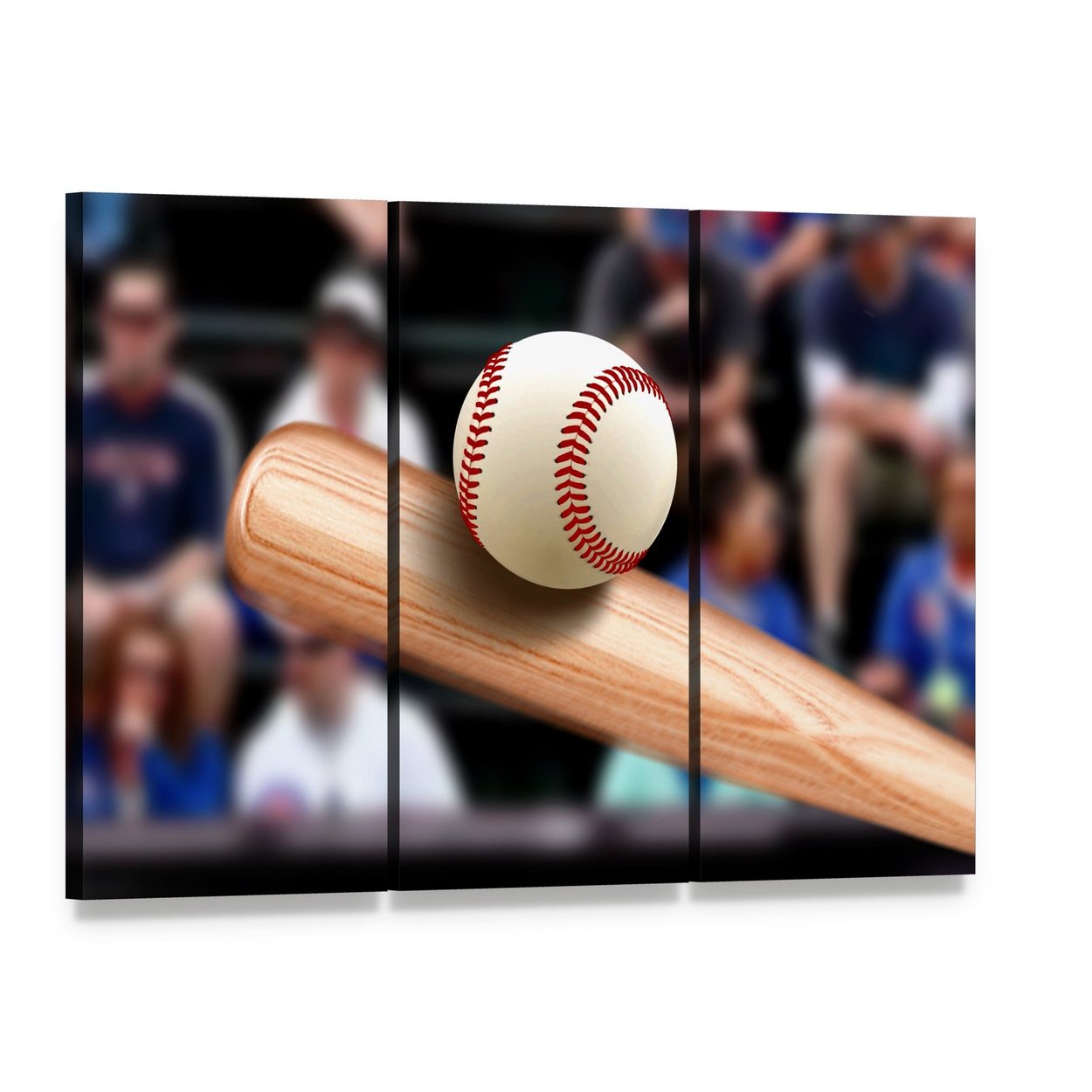Baseball Bat Hitting Ball Canvas Wall Art, 3 panel 3 Horizontal layout gallery wrapped canvas set, angled product view