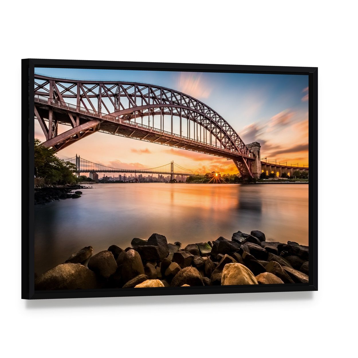 Hell Gate & Triboro Bridge at Sunset Canvas Wall Art, framed canvas in a black floater frame, angled product view