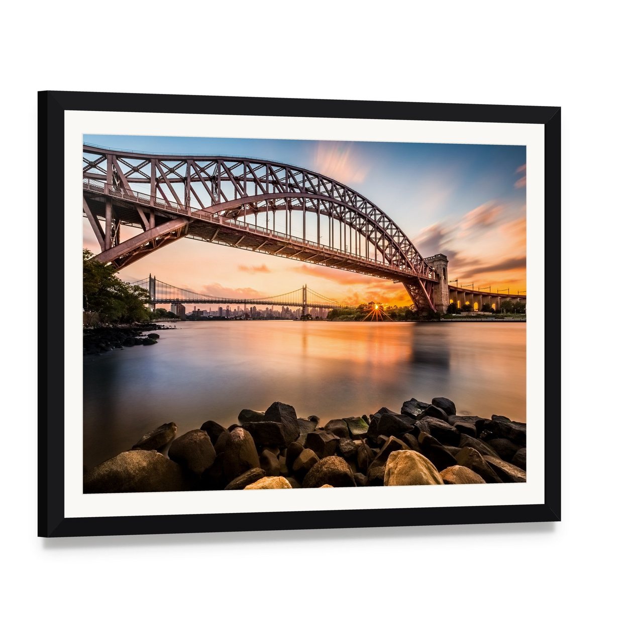Hell Gate & Triboro Bridge at Sunset Canvas Wall Art, framed print with white mat and black frame, angled product view