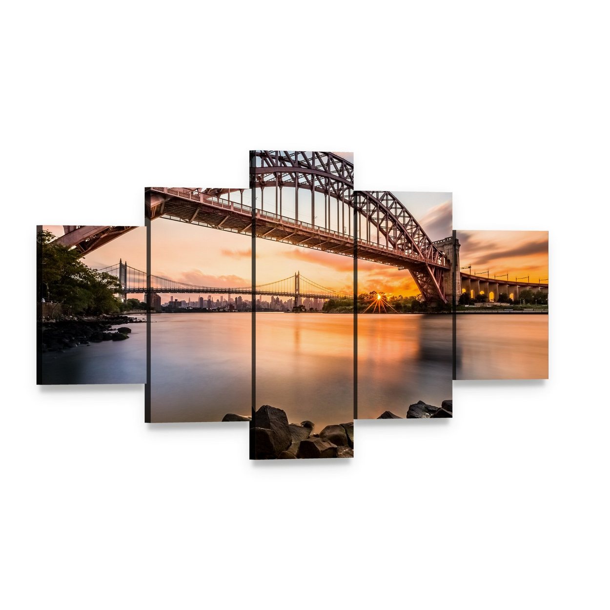 Hell Gate & Triboro Bridge at Sunset Canvas Wall Art, 5 panel 5 Star layout gallery wrapped canvas set, angled product view