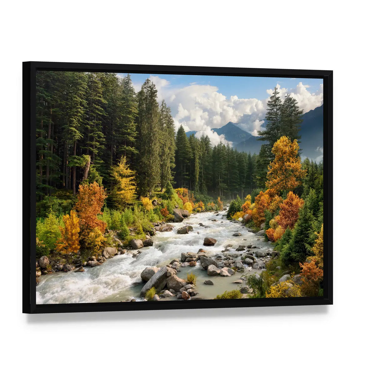 Mountain Stream in Autumn Forest Canvas Wall Art, framed canvas in a black floater frame, angled product view
