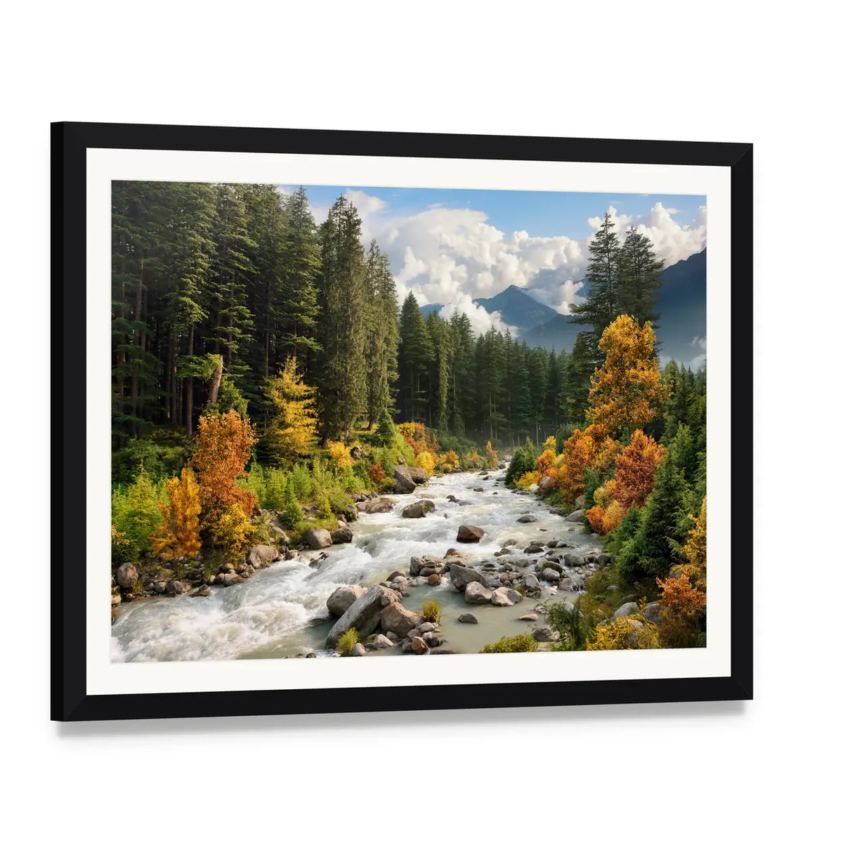 Mountain Stream in Autumn Forest Canvas Wall Art, framed print with white mat and black frame, angled product view