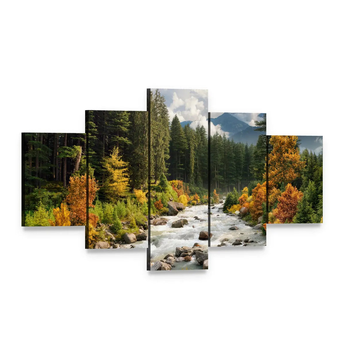 Mountain Stream in Autumn Forest Canvas Wall Art, 5 panel 5 Star layout gallery wrapped canvas set, angled product view
