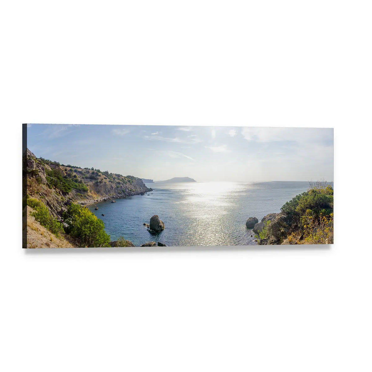 Coastal Cliffs with Shimmering Sea Panoramic Canvas Wall Art, single panel gallery wrapped canvas, angled product view