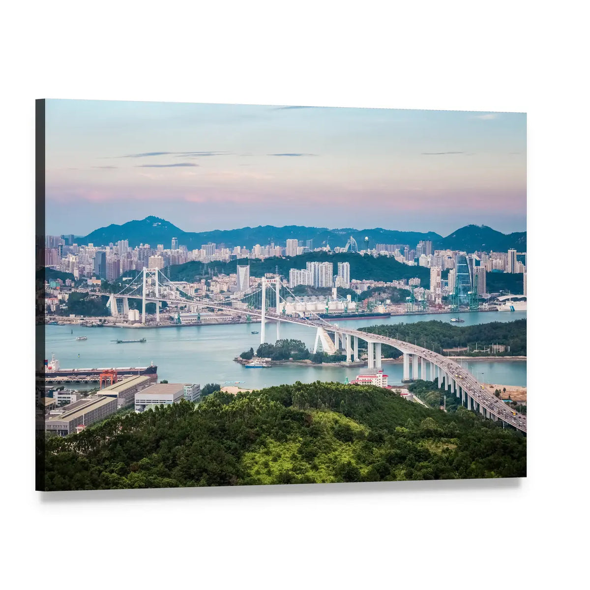 Xiamen Haicang Bridge at Dusk Canvas Wall Art, single panel gallery wrapped canvas, angled product view