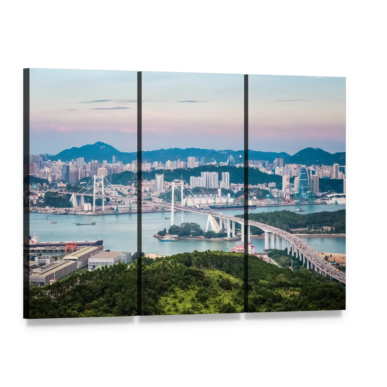 Xiamen Haicang Bridge at Dusk Canvas Wall Art, 3 panel 3 Horizontal layout gallery wrapped canvas set, angled product view