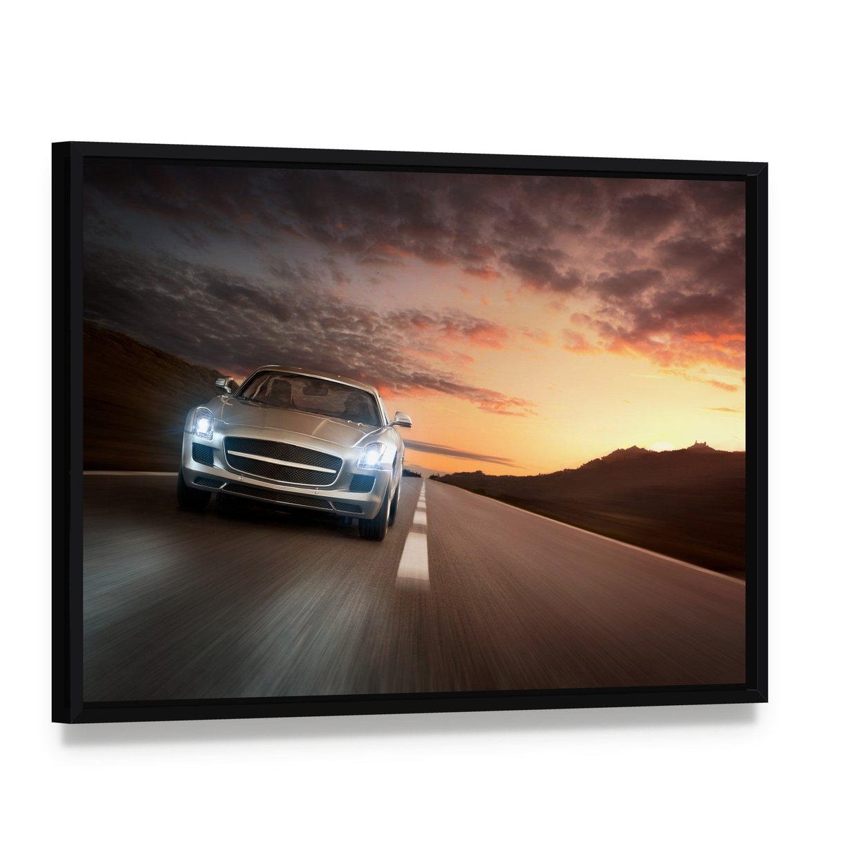 Sports Car on Highway Canvas Wall Art, framed canvas in a black floater frame, angled product view