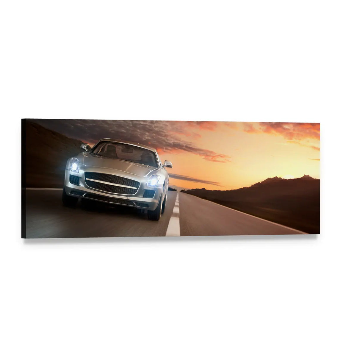 Silver Sports Car on Highway at Sunset Panoramic Canvas Wall Art, single panel gallery wrapped canvas, angled product view