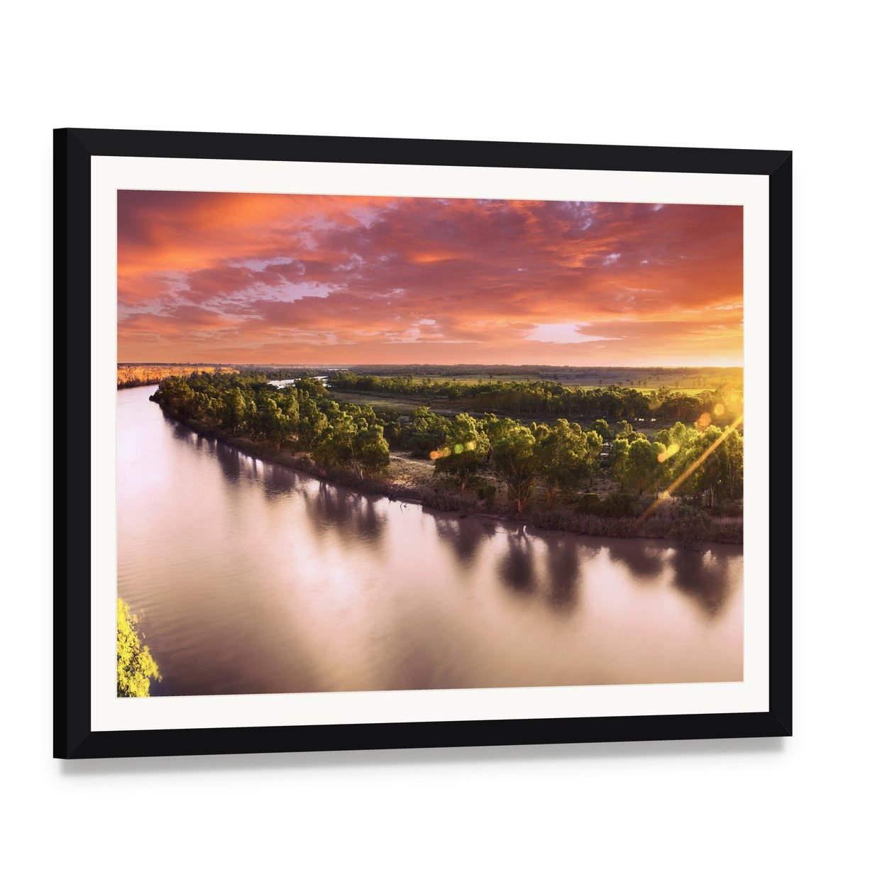Sunset on Murray River Canvas Wall Art, framed print with white mat and black frame, angled product view