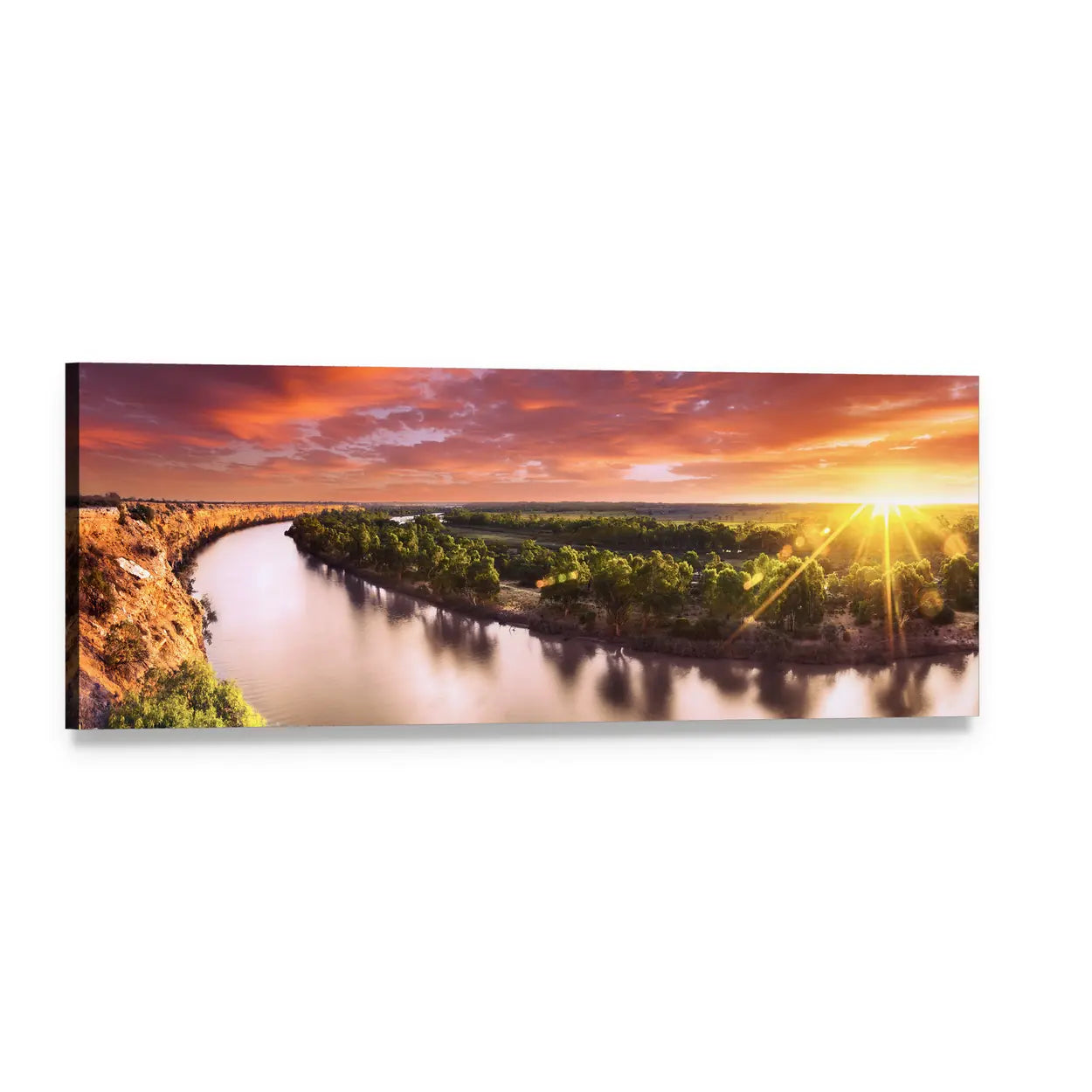 Sunset Over Winding River and Cliffs Panoramic Canvas Wall Art, single panel gallery wrapped canvas, angled product view