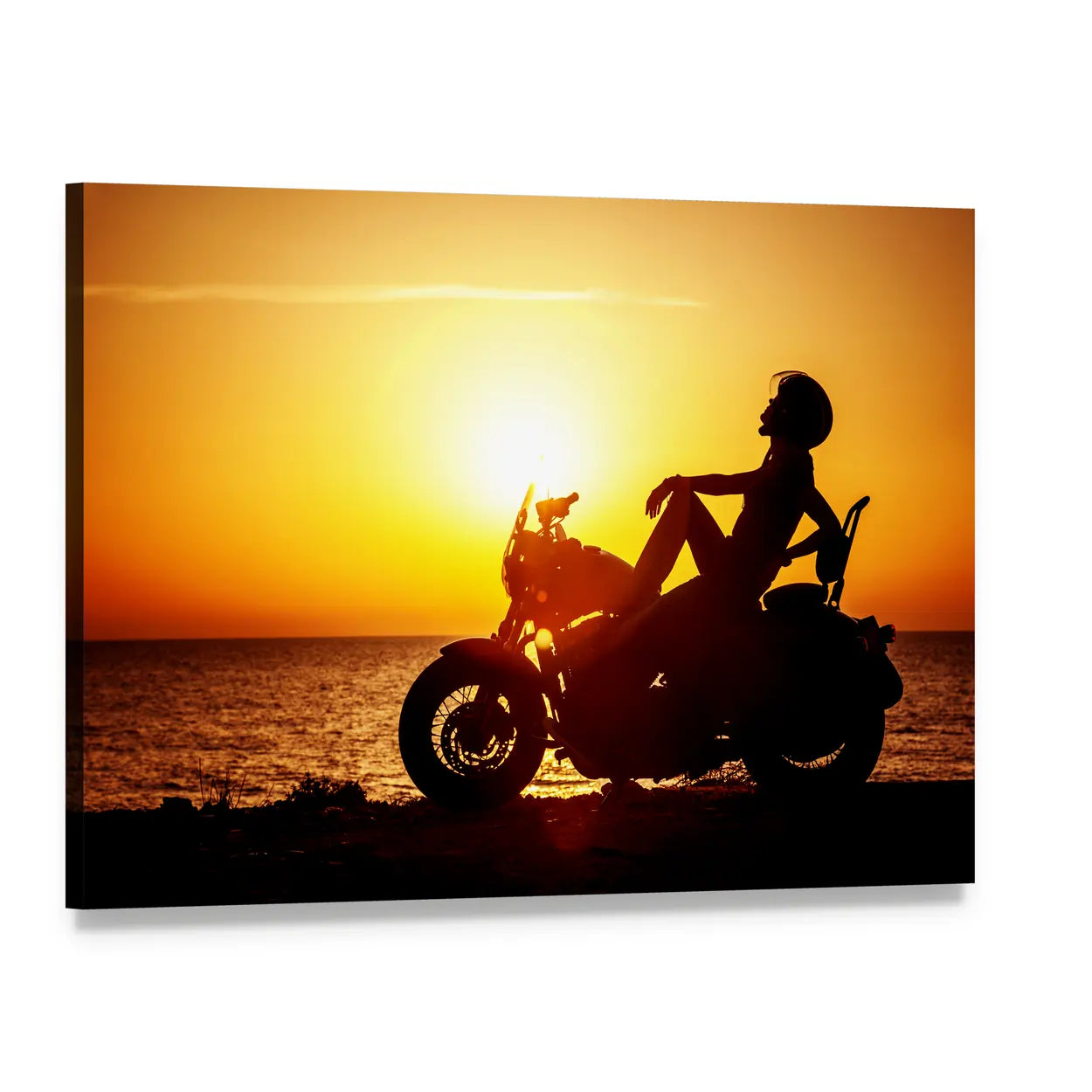 Coastal Motorcycle at Sunset Canvas Wall Art, single panel gallery wrapped canvas, angled product view