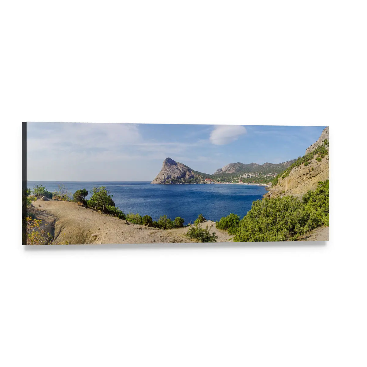 Rocky Coastal Cliffs Over Clear Blue Sea Panoramic Canvas Wall Art, single panel gallery wrapped canvas, angled product view