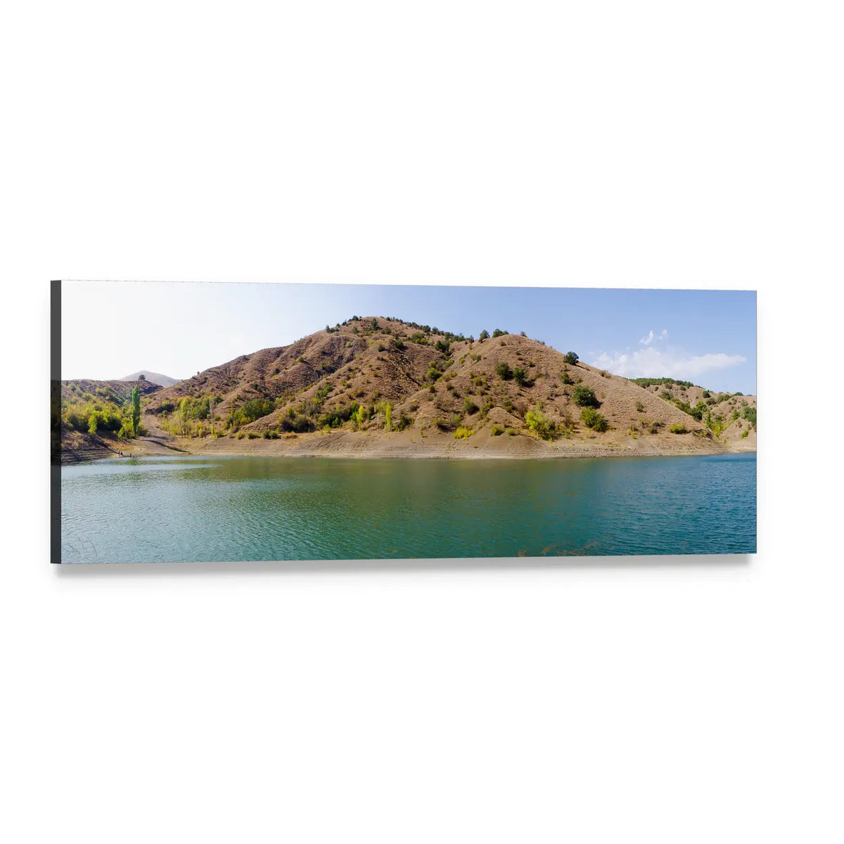 Tranquil Lake and Arid Hills Panoramic Canvas Wall Art, single panel gallery wrapped canvas, angled product view
