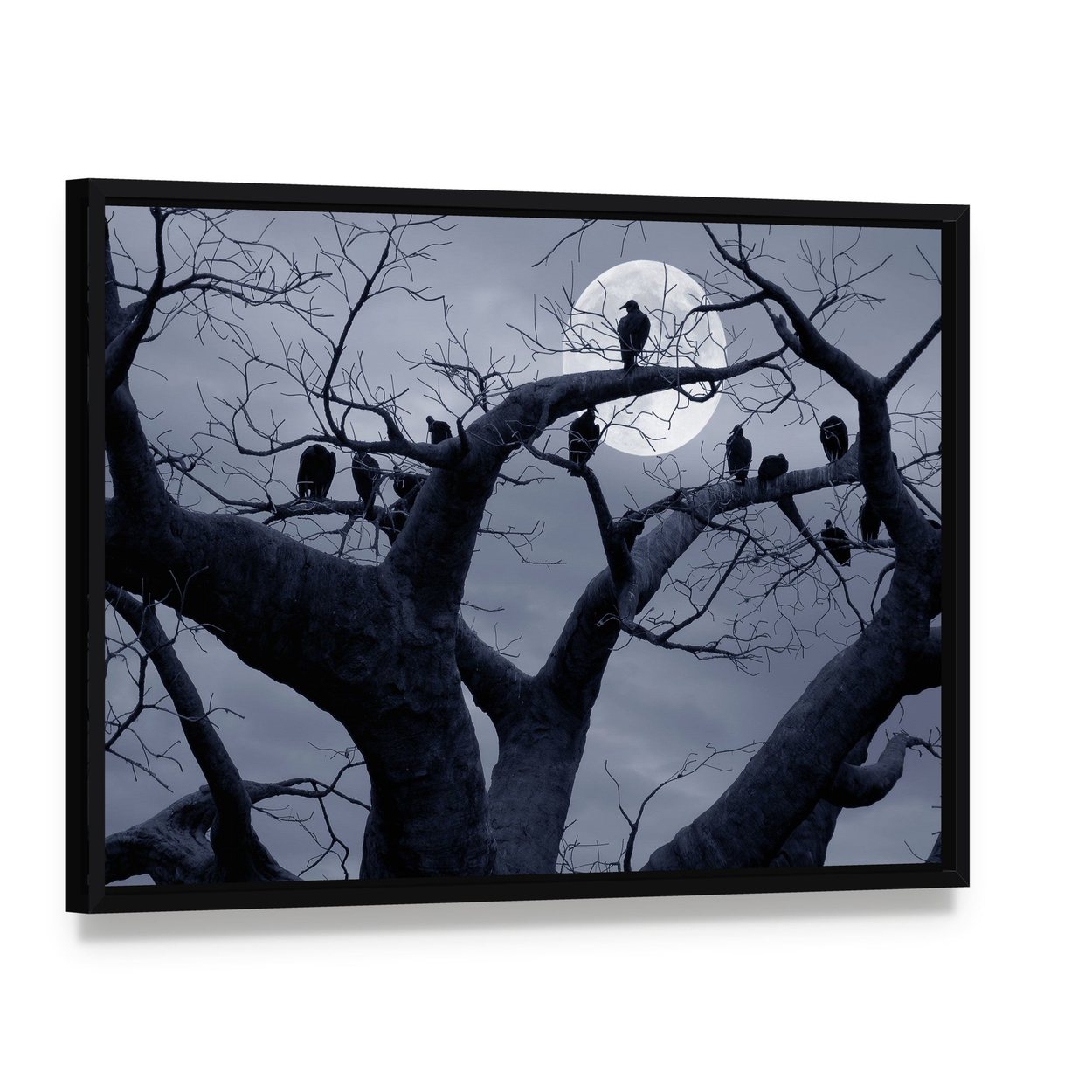 Vultures in a Spooky Halloween Scene Canvas Wall Art, framed canvas in a black floater frame, angled product view