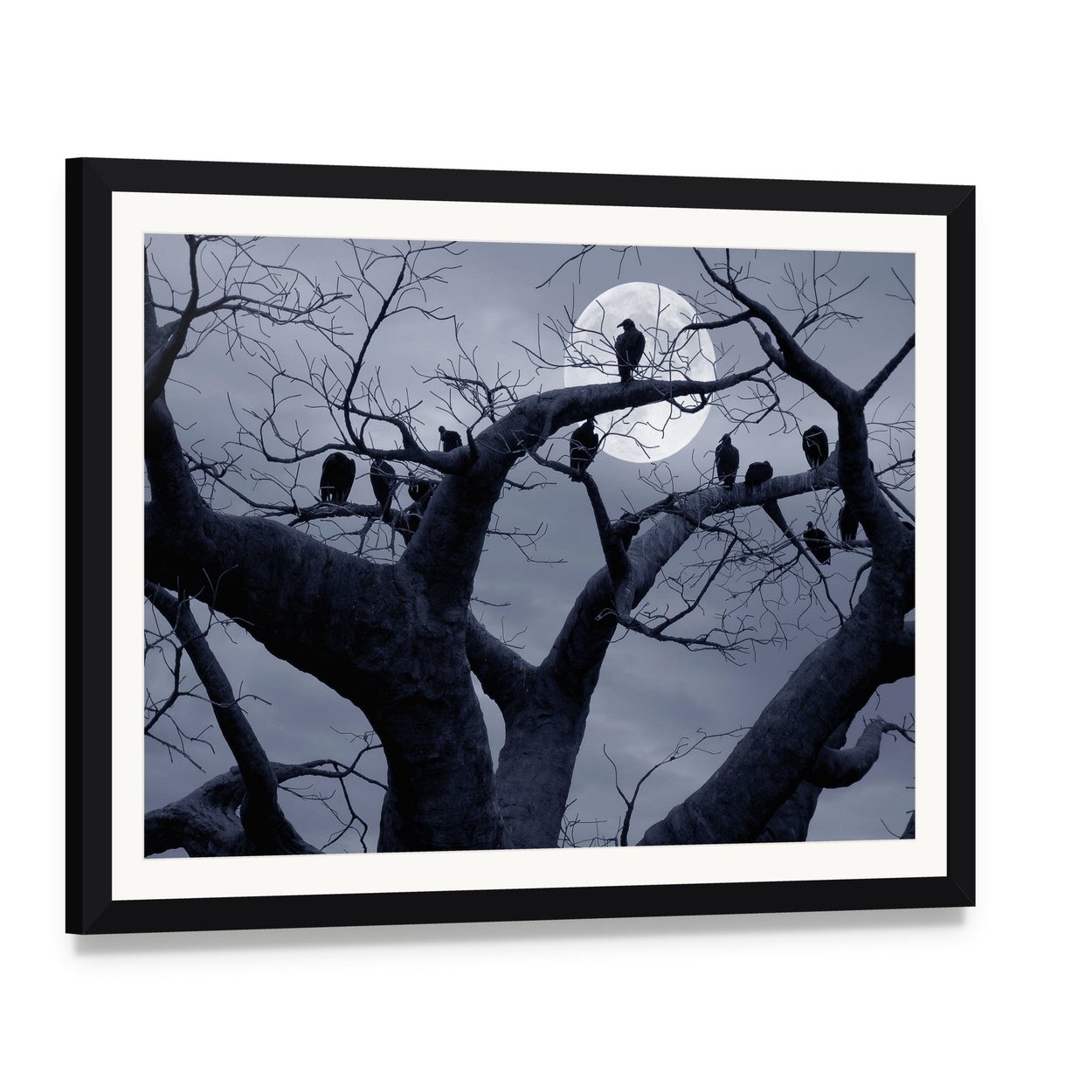 Vultures in a Spooky Halloween Scene Canvas Wall Art, framed print with white mat and black frame, angled product view