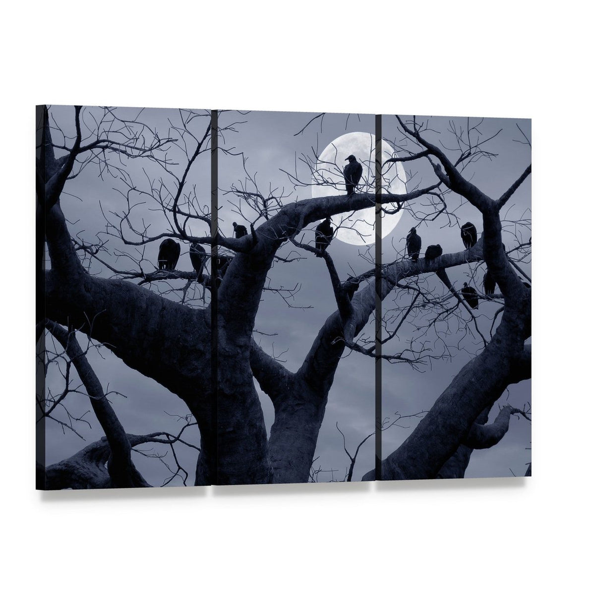 Vultures in a Spooky Halloween Scene Canvas Wall Art in black, white and gray, single panel hung on a wall