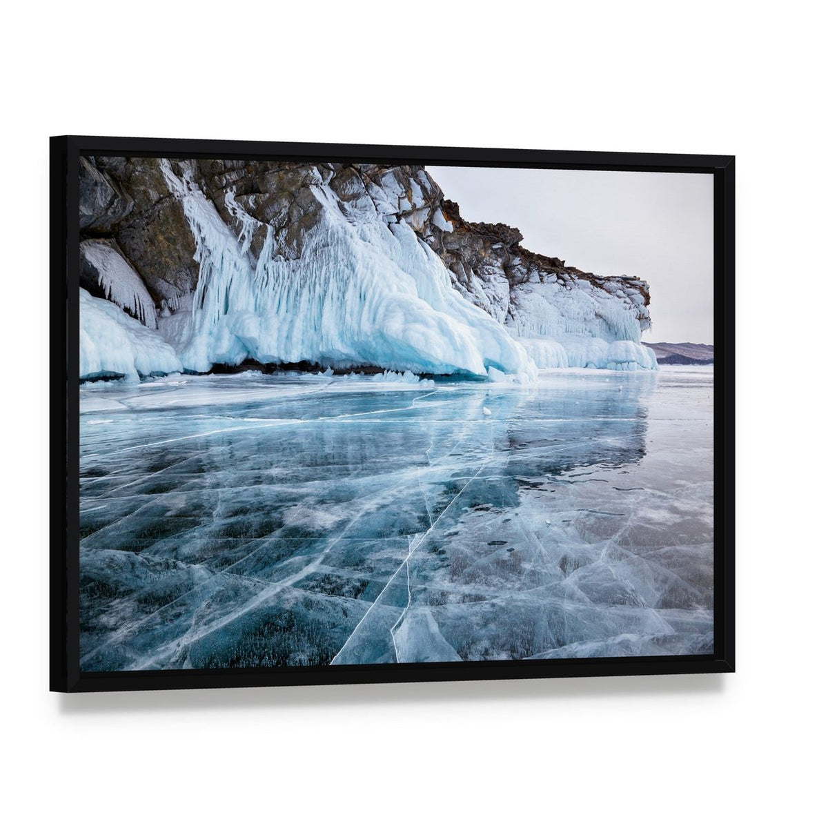 Frozen Rocks in Siberian Baikal Lake Canvas Wall Art, framed canvas in a black floater frame, angled product view